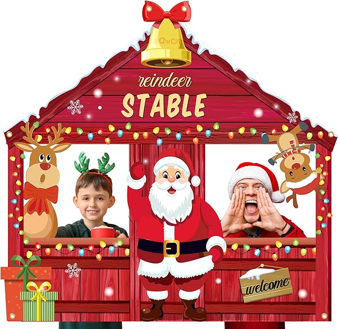 Christmas Reindeer Stable Photo Booth Santa Claus Party Background Christmas Elk Reindeer Hanging Sign Backdrop Xmas Holid...