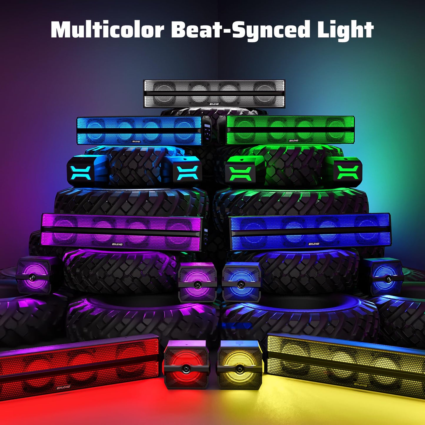 Ehaho 2.1CH Stereo UTV Sound Bar (Subwoofer) and Speakers, 26 Inch Bluetooth ATV Soundbar with RGB Lights, Waterproof Golf Cart Sound Bar, Marine Sound bar Compatible with SXS Polaris RZR Can-Am