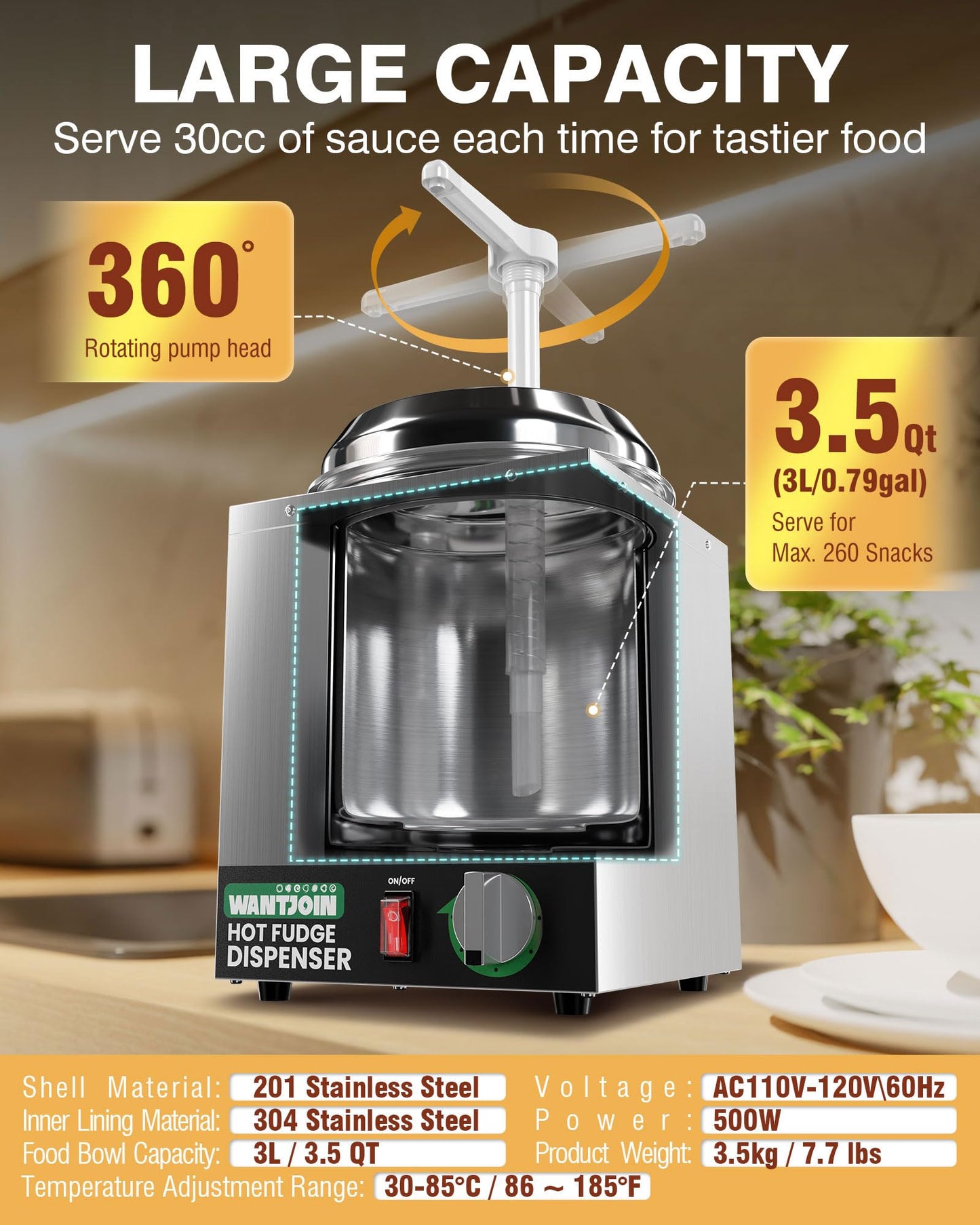 WantJoin Nacho Cheese Dispenser with Pump - 3.5Qt Nacho Cheese Warmer,Stainless Steel Hot Fudge Warmer W/5-Level Temperature Adjustment,Commercial Hot Fudge Dispenser for Hot Fudge Cheese Caramel