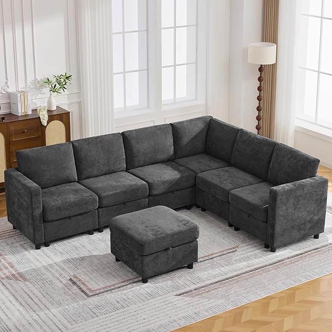 104'' V Shaped Modular Sofa, Sectional Couch with Storage for Living Room, Modern 7 Seater Cloud Sectional Couch with Movable Ottoman, Chenille Dark Grey