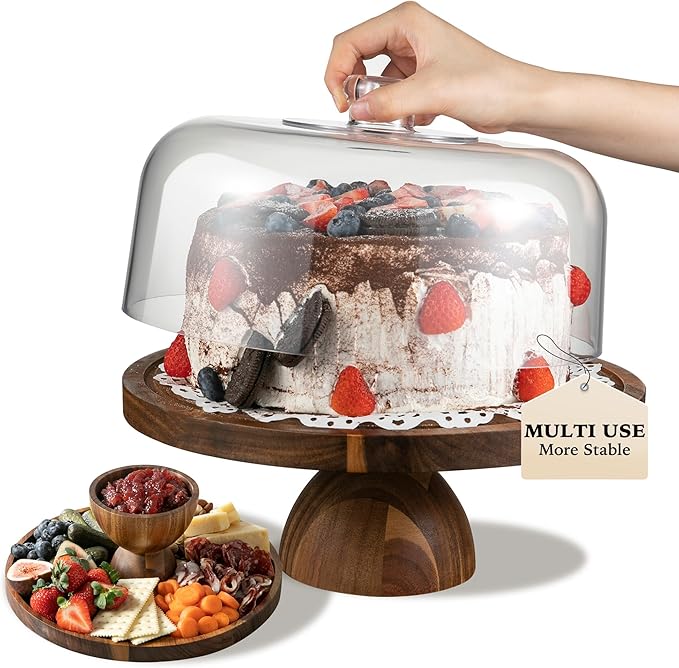 Fyctio Acacia Wood Cake Stand with Lid,12in Round Acrylic Cake Stand with Dome,2-In-1 Reversible Charcuterie Board with Li...