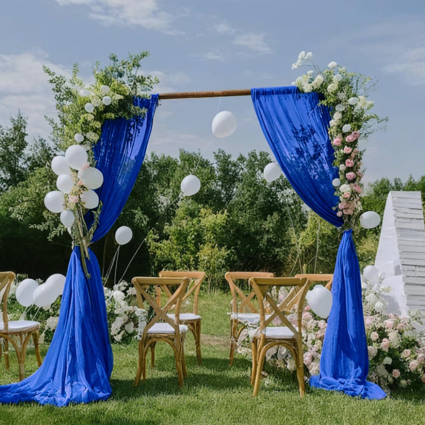 DUOBAO Chiffon Backdrop Curtain 96 Inches Royal Blue Polyester Fabric Drapes for Wedding Ceremony Voile Curtains 2 Panels 29"x96" Sheer Photography Backdrops Drape