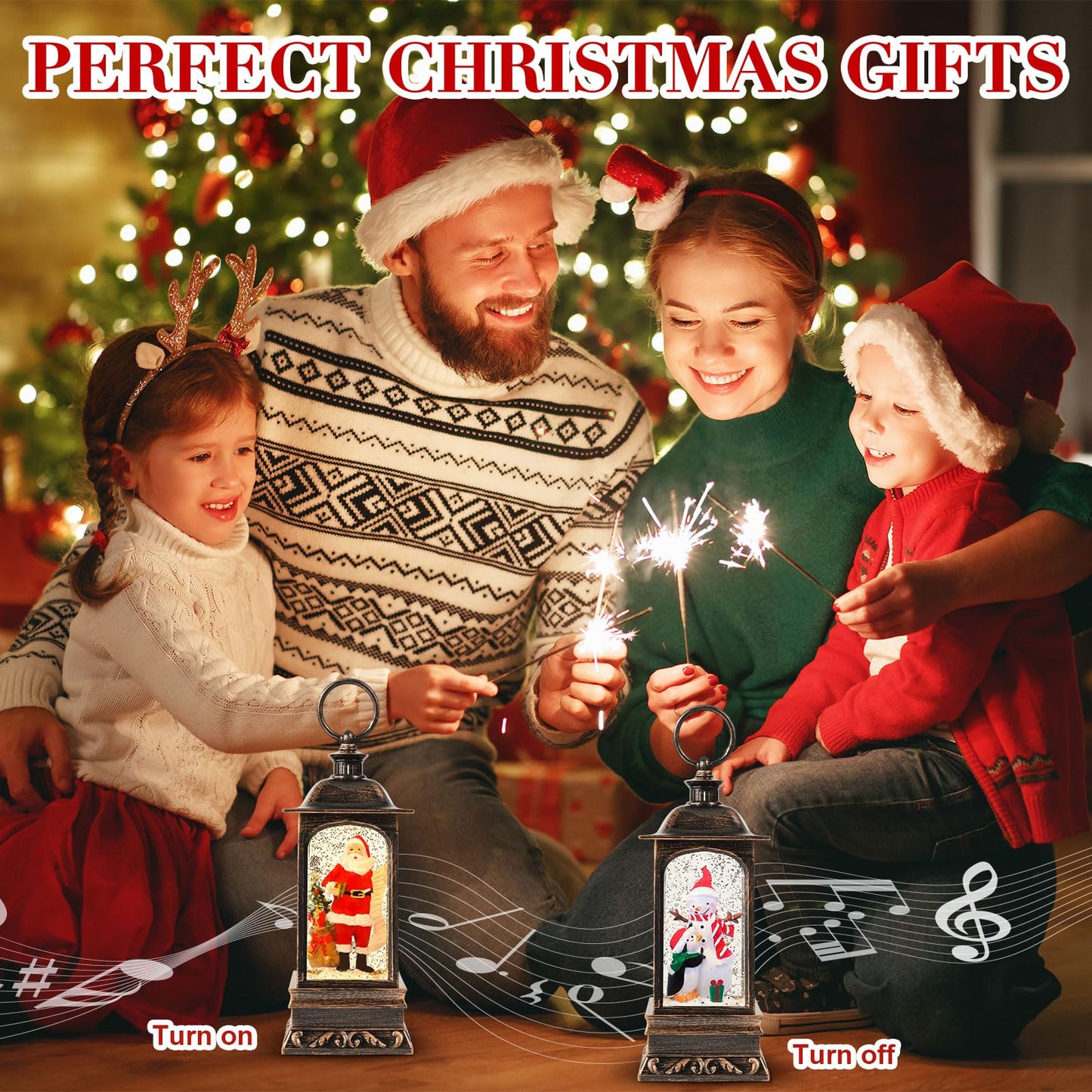 Retisee 2 Pcs Christmas Snow Globe Lanterns, Lighted Musical Snow Globe USB or Battery Powered Glitter Lantern with Music for Christmas Holiday Home Decorations Indoor, 7.9 Inch