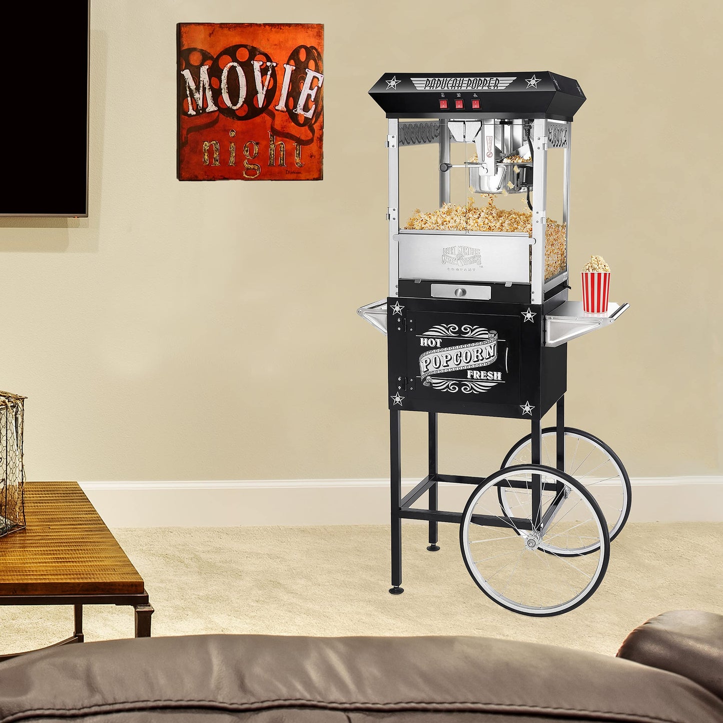 Paducah Popcorn Machine - 3-Gallon Antique Popper with Cart, 8oz Kettle, Old Maids Drawer, Warming Tray, and Scoop by Great Northern Popcorn (Black)
