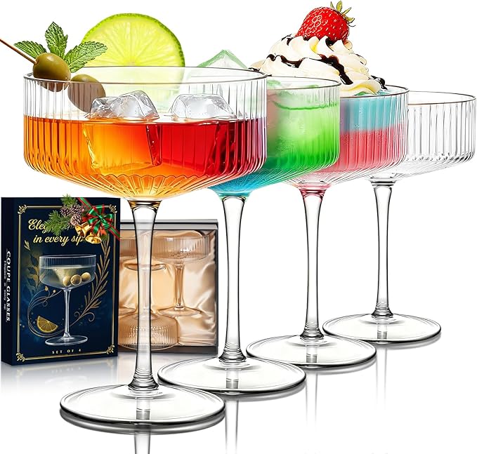 Evoio Martini Coupe Glasses Set of 4 | 10 oz Elegant Ribbed Vintage Cocktail Glasses, Premium Crystal Glass for Champagne,...