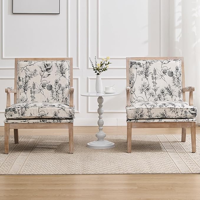 DM Furniture Floral Accent Chair Set of 2 Mid-Century Modern Living Room Chairs Upholstered Linen Lounge Armchair with Solid Wood Frame & Removable Cushion for Bedroom, Balcony, Floral Pattern