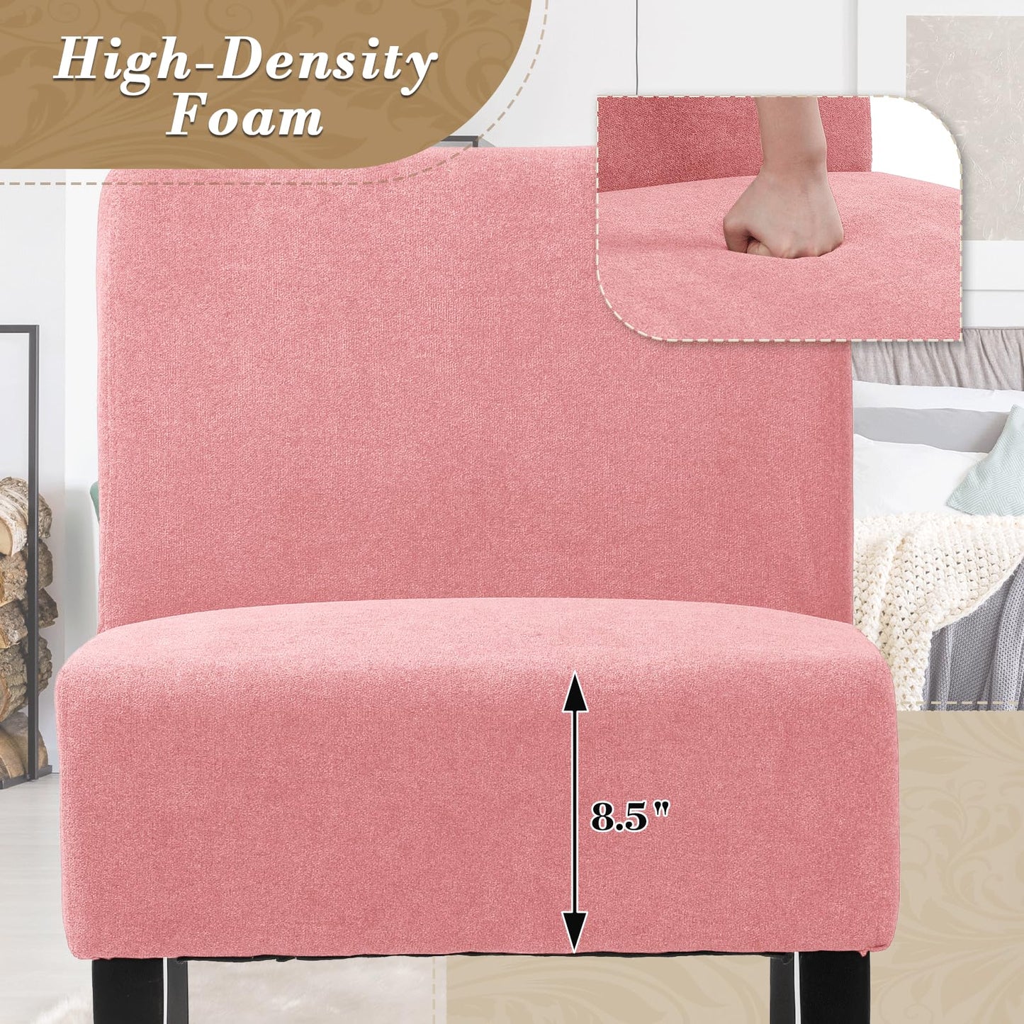 Athena Collection Armless Accent Chairs Set of 2, Comfy Linen Fabric Upholstered Slipper Chair with Wooden Legs for Living Room, Bedroom, Dorm, Balcony, Pink