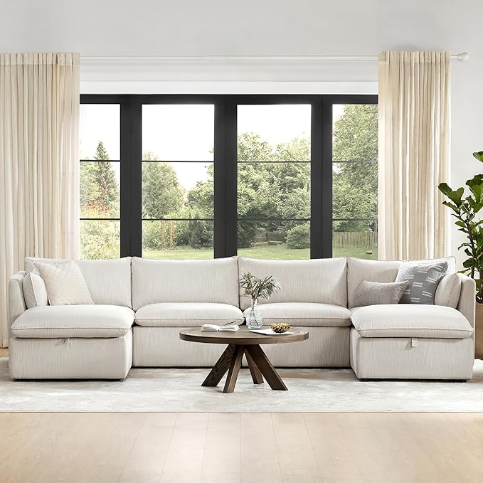 CHITA Luxury Oversized 148" U-Shaped Sectional Sofa Couch, Premium Down Filled Cloud Modular Sectional with Storage Ottoman, FSC Certified, 6 Seat for Living Room, Snow