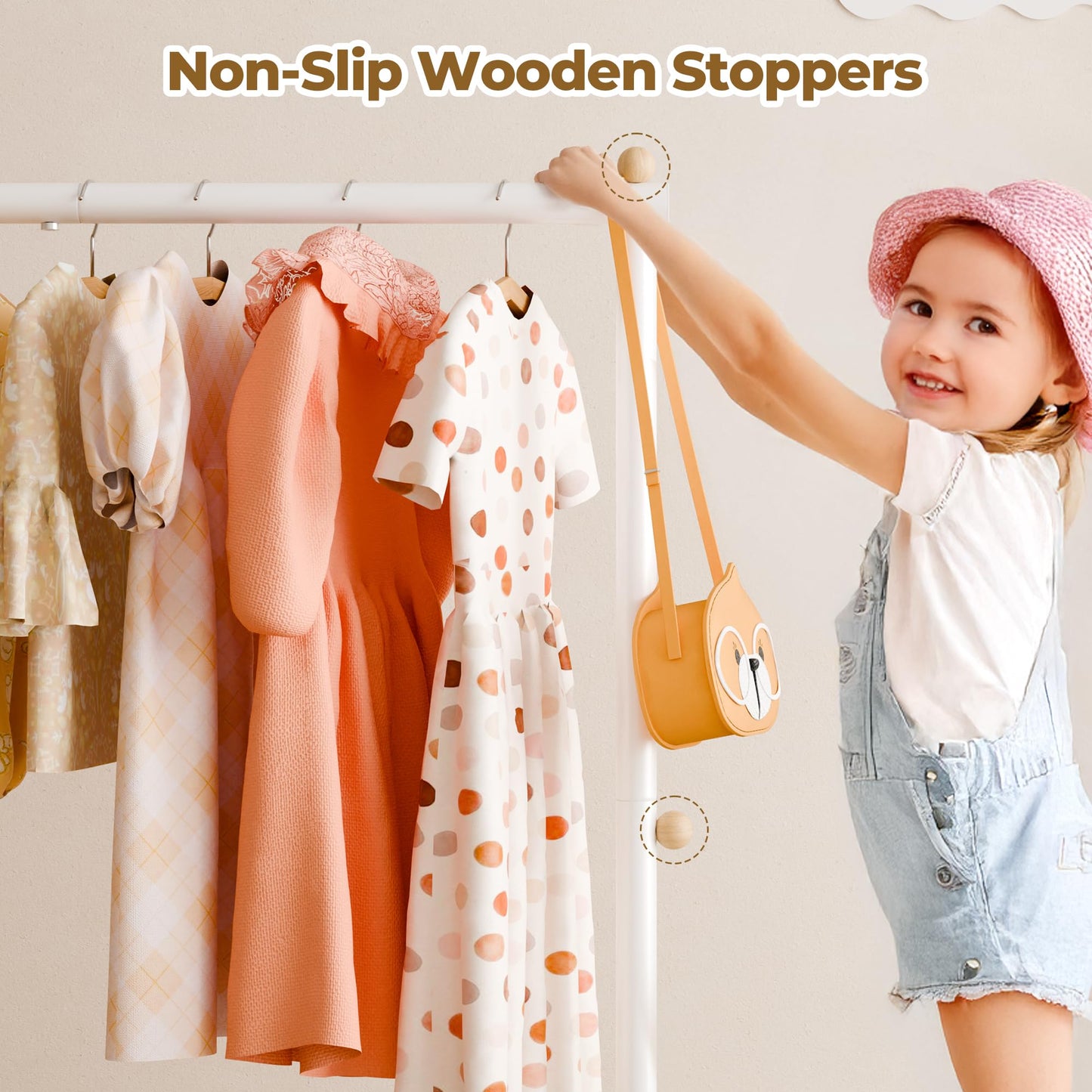 GRANNY SAYS Kids Clothing Rack with Basket, Baby Closet Dress Up Storage, Kids Closet Wardrobe, Short Baby Clothes Rack, Toddler Garment Rack for Coats, Dress Up Costumes, Princess Dresses, Beige
