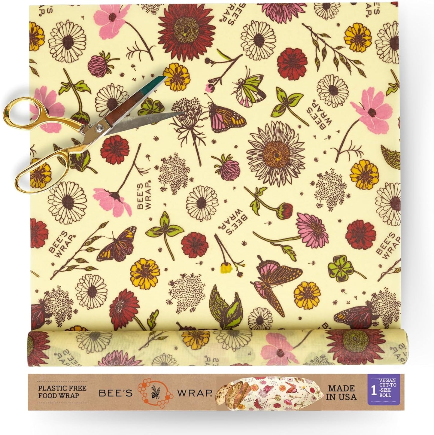 Bee's Wrap Vegan Beeswax Wraps for Food - Cut to Size 14x52" Wax Paper Roll, Made in USA Reusable Waxed Paper & Bowl Covers, Organic Eco-Friendly Alternative to Aluminum Foil, Meadow Magic