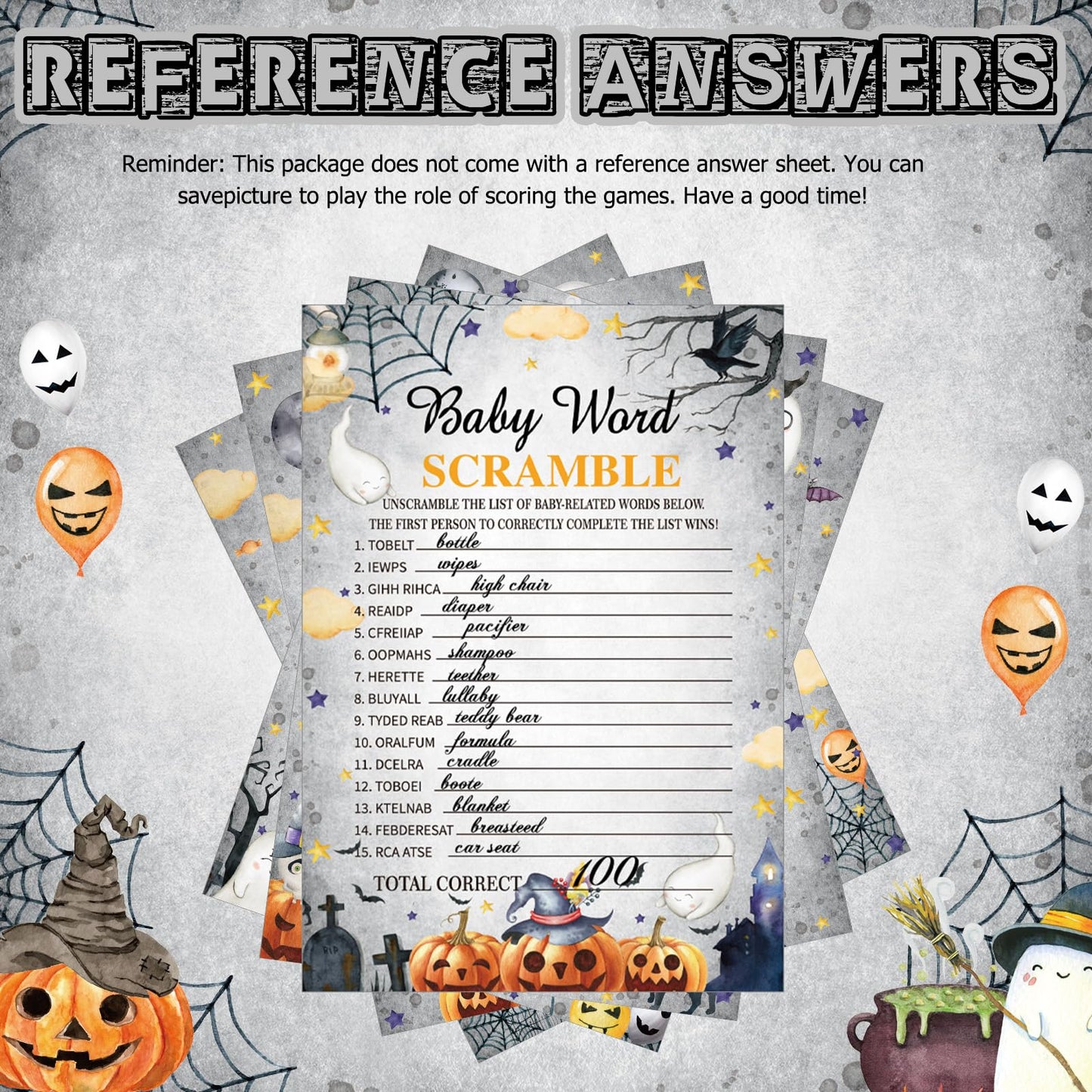 Yinder 145 Pcs Halloween Baby Shower Games Girl or Boy Activities Cards Baby Bingo Description and Wishes Guess Who Mommy or Daddy Price is Right Word Scramble Game