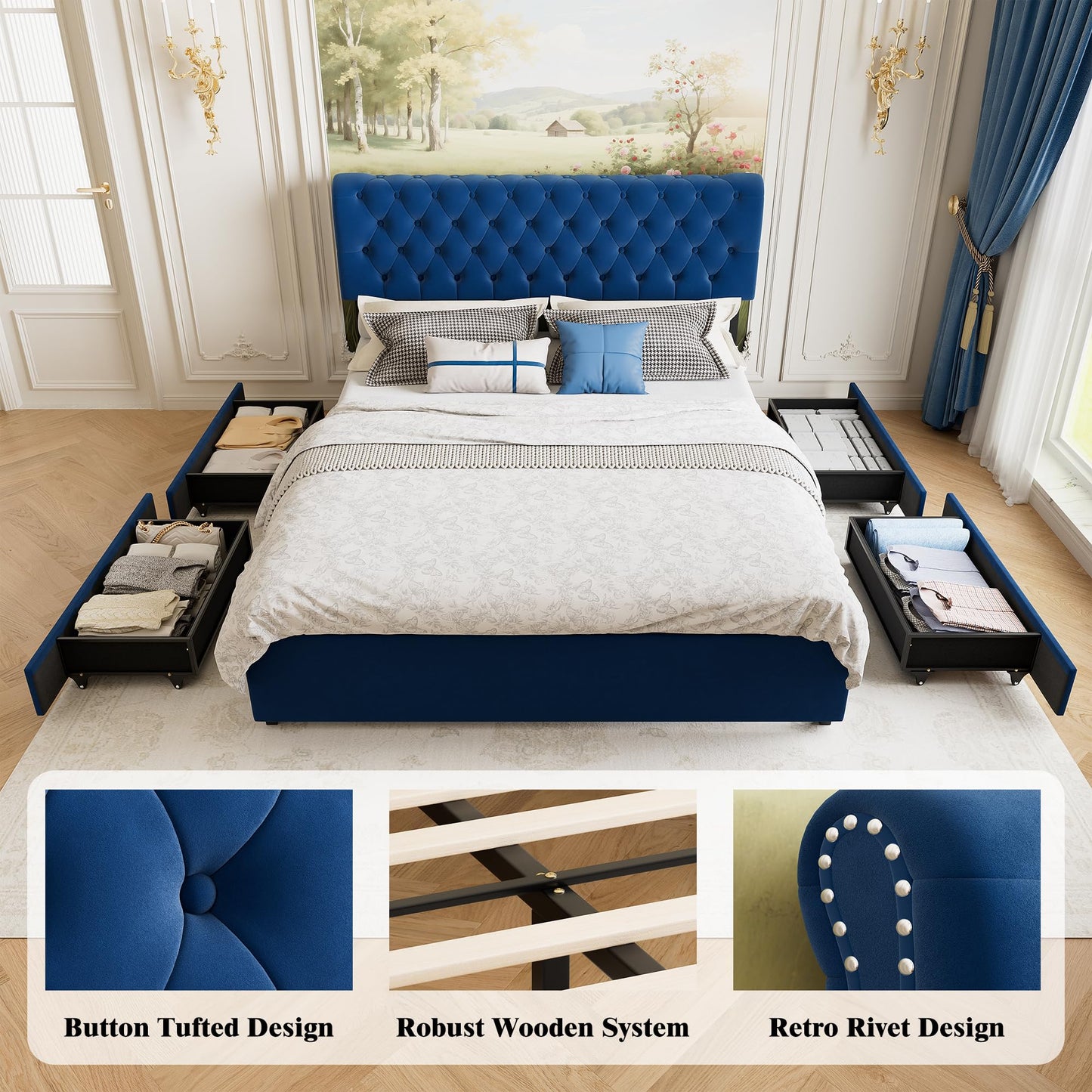 LegacyAmerhome Queen Bed Frame with Headboard, Upholstered Platform Bed Frame Queen Size 4 Drawers Storage, Metal Bed Adjustable Tufted Headboard, No Box Spring Needed, Wood Slat Support, Velvet Blue