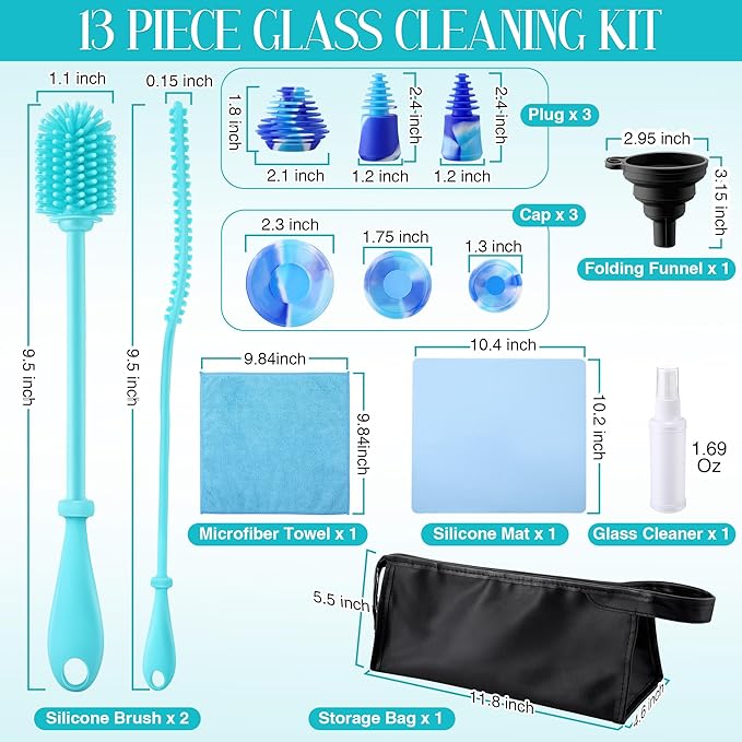 13 Piece Glass Cleaning Kit, Reusable Glass Cleaner Kit with Silicone Brushes, Cleaner Spray, Plugs & Caps, Mat, Folding Funnel, Microfiber Towel & Storage Bag, Effortless Cleaning & Easy Storage