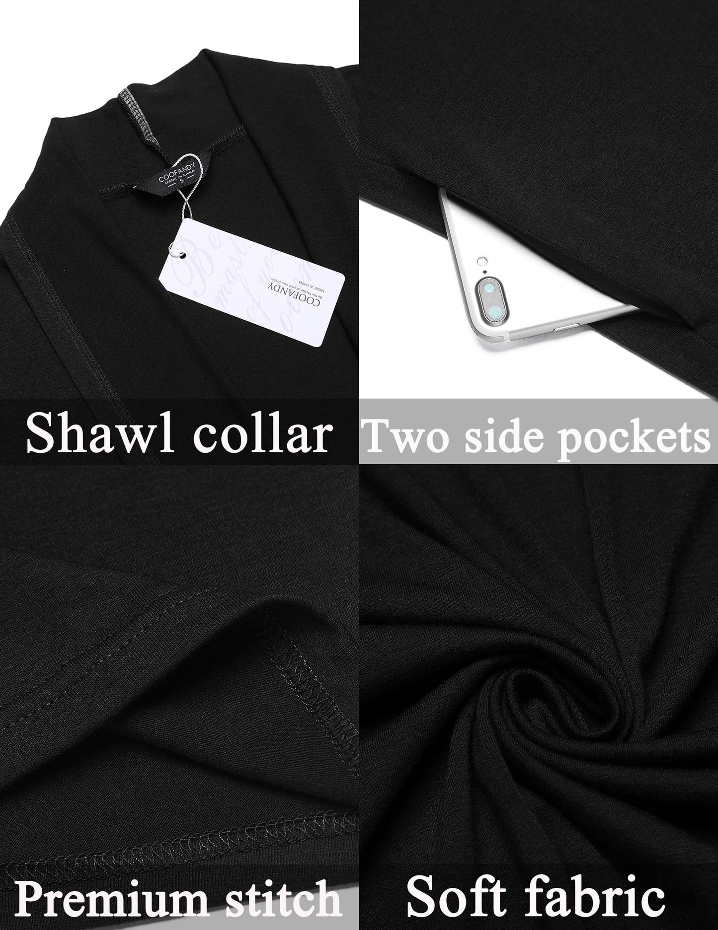 COOFANDY Men's Lightweight Ruffle Shawl Collar Cardigan Open Front Long Length Drape Cape Overcoat Black