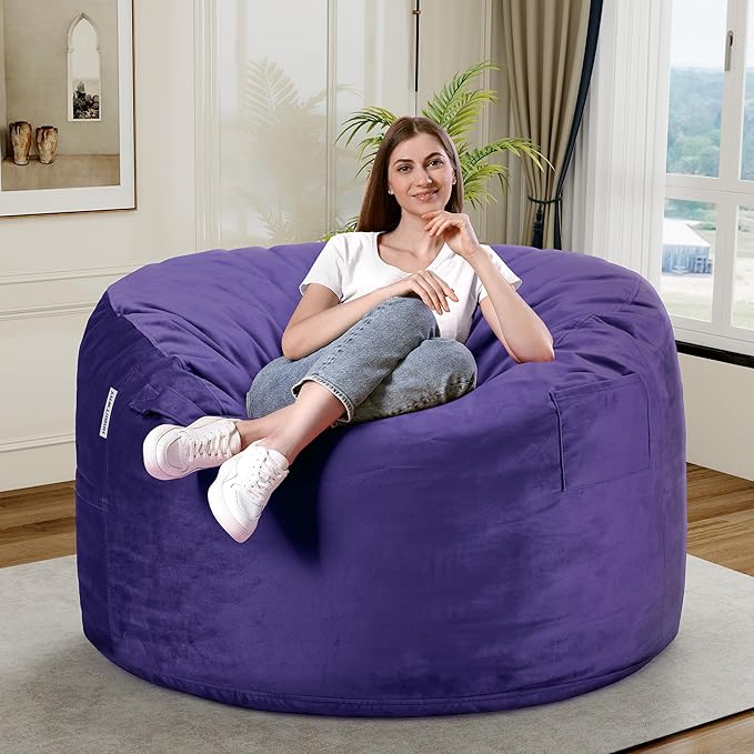 HABUTWAY Bean Bag Chair 3Ft Luxurious Velvet Ultra Soft Fur with High Rebound Memory Foam Bean Bag Chairs for Adults Plush Lazy Sofa with Fluffy Sponge 3' (Purple)