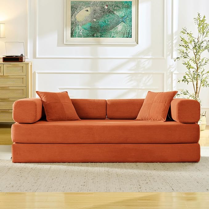 Convertible Couch Sofa Bed Foldable Floor Sleeper | Modern Fold Out Deep Seat Couch | Removable Backrest & Armrests | No Assembly Compression Sofa Sleeper for Living Room, Bedroom | Orange Corduroy