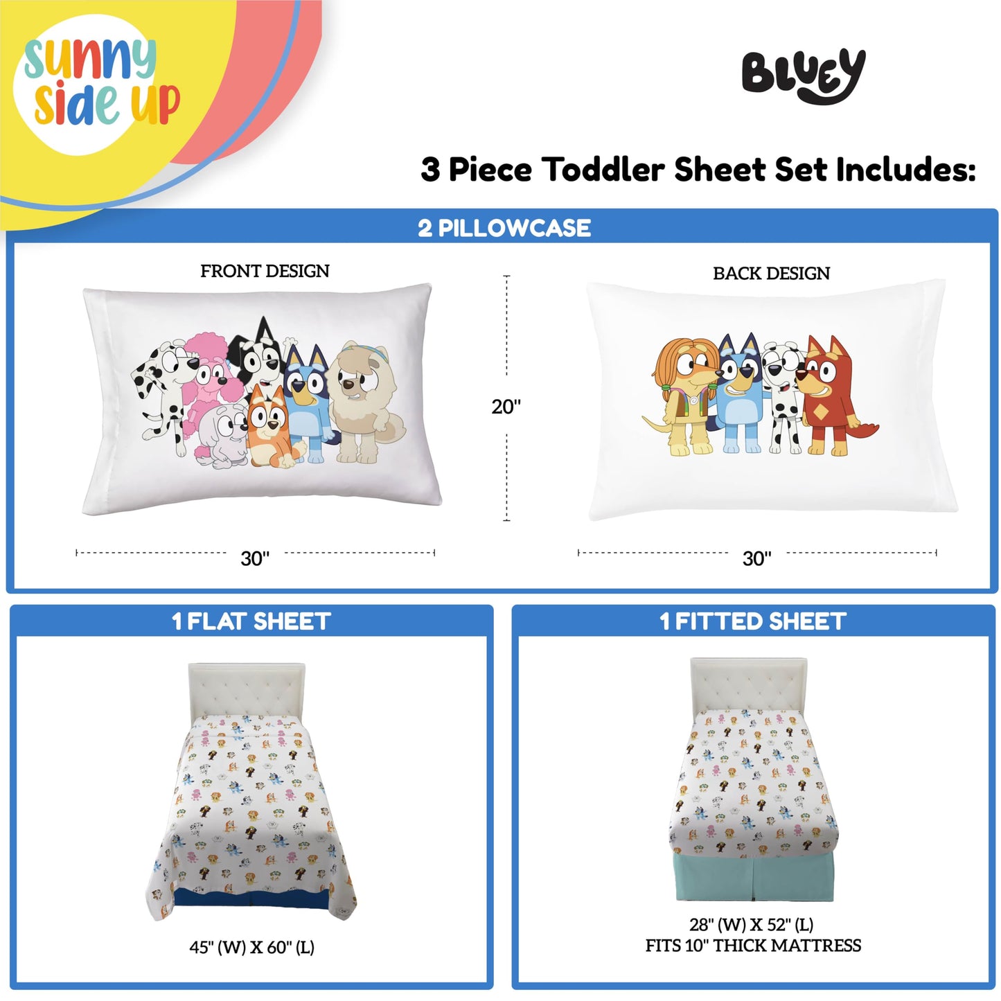 Bluey & Friends Toddler Sheet Set - 3 Piece Toddler Bedding Set Includes Pillow Cover - Super Soft Microfiber Sheets