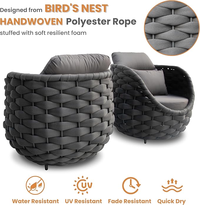 Erotr Lanai Outdoor Furniture Set: 6-Piece Aluminum Woven Rope Patio Conversation Set - Modern Cushions Sofa Set Assembled - Porch Seating Couch Set for Deck Yard Garden Pool Hotel Resort, Dark Grey