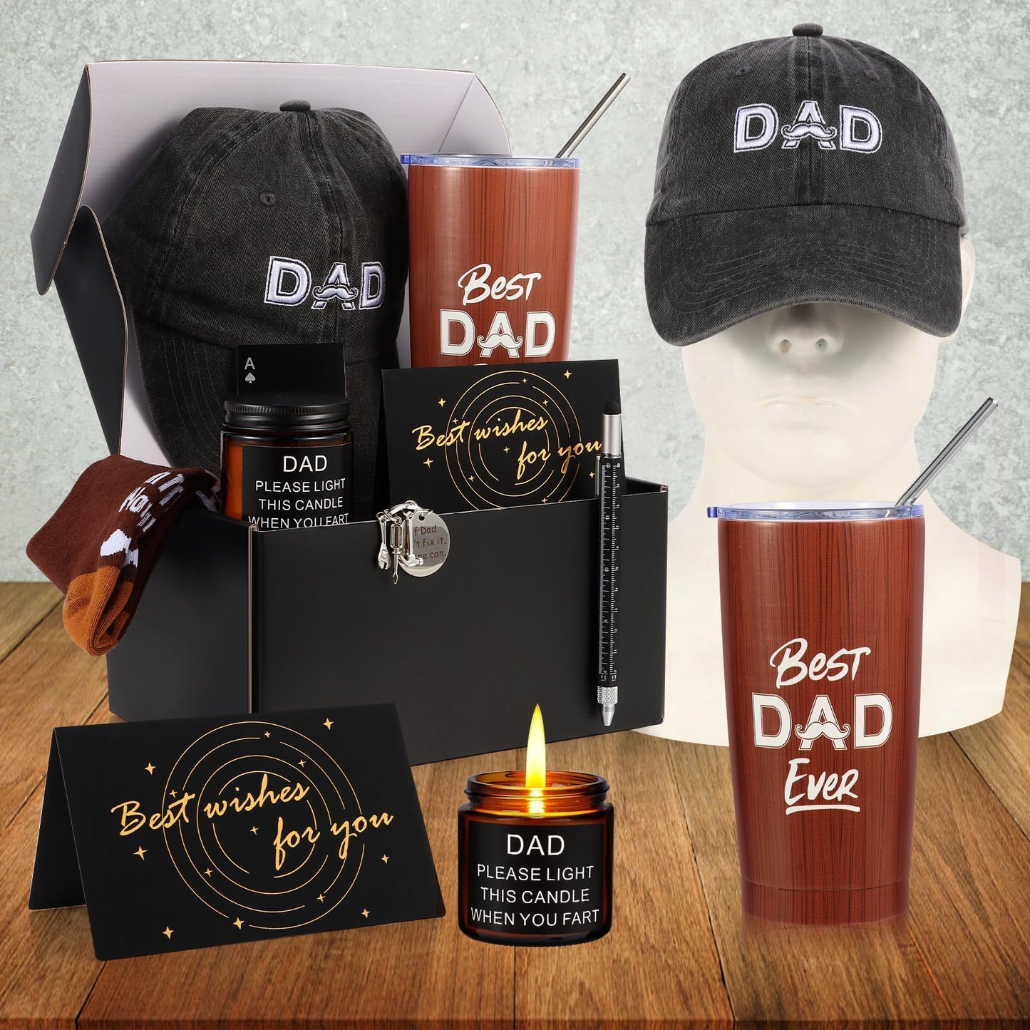 Kolewo4ever 9 Pieces Dad Gift Set Best Dad Gifts for Father, Men with Tumbler Mens Socks Mens Baseball Cap Key Chain Card for Men Father Papa Gifts from Son Daughter Kids (Brown)
