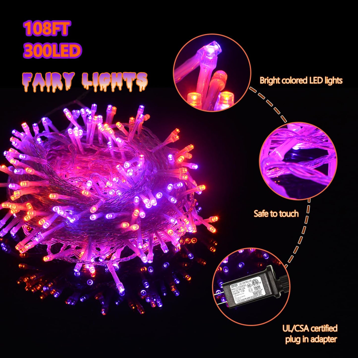 ILLUMINEW Halloween Decorations 300 LED String Lights Plug-in, 8 Modes 108ft Orange Purple Halloween Fairy Lights for Party Bedroom Indoor Outdoor Decor
