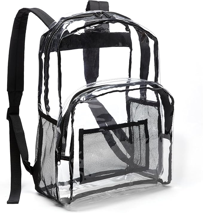 Amazon Basics Transparent School Backpack, With Water-Resistant PVC Plastic Material and Ruggedly Reinforced Shoulder Stra...