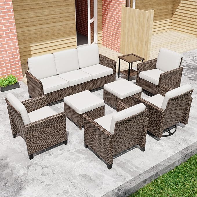 COOS BAY Harbor Retreat 8 Piece Outdoor Furniture Set, Patio Conversation Set with Swivel Rocking Chairs, Patio Chairs, Couch, Side Table and Ottomans, Wicker Furniture, Brown/Beige