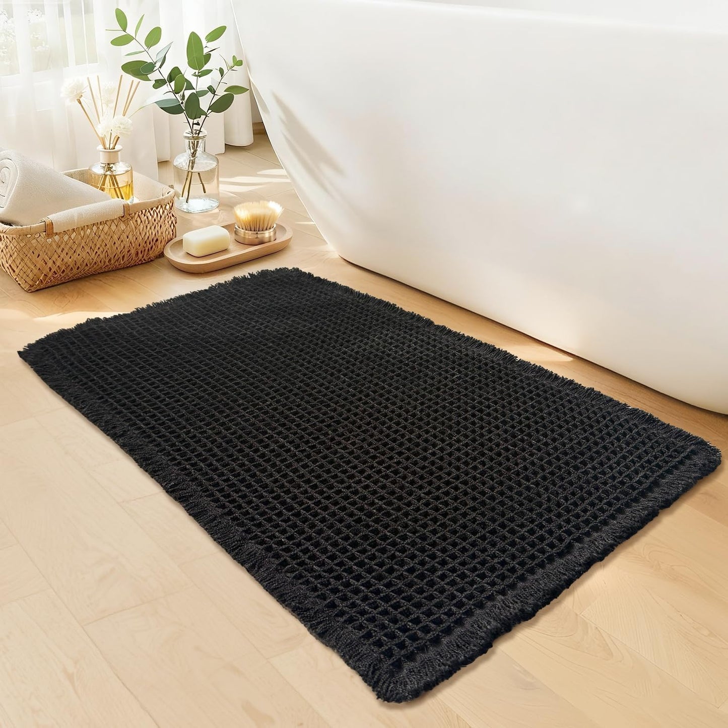 Black Bathroom Rug - Waffle Bath Mat Non Slip Washable, Super Absorbent & Quick Dry, Boho Bath Mat Farmhouse Bathroom Decor, 24'' x 36'', Black