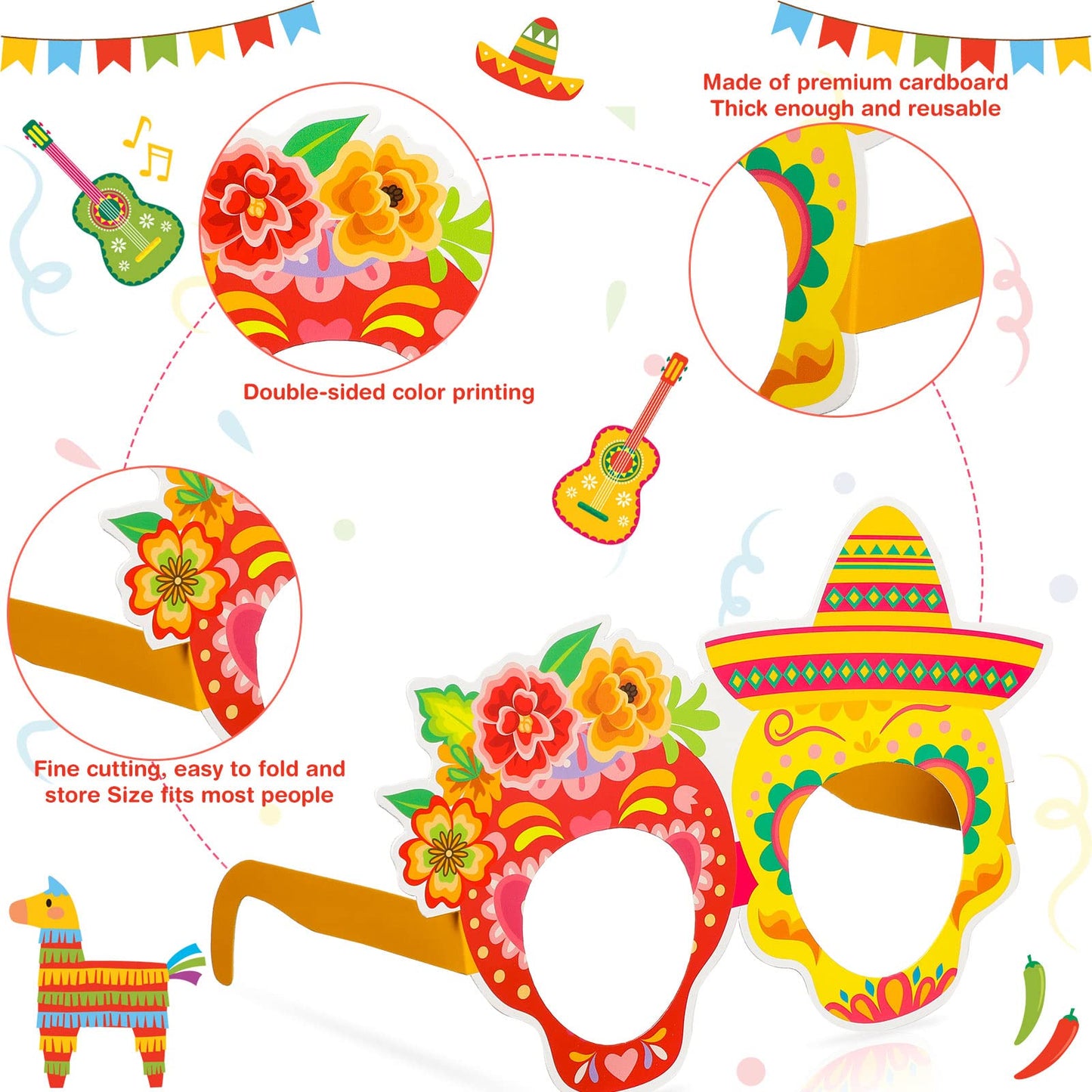 Honoson 32 Pcs Mexican Fiesta Party Decorations Paper Eyeglasses Taco Cactus Pinata Cinco De Mayo Costume Photo Booth Props Supplies for Taco Twosday Birthday Let's Fiesta Favor