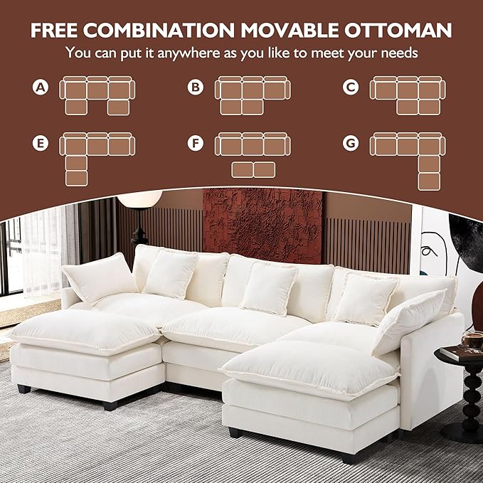 Ihanherry 111.4" U Shaped Cloud Couch Modern Modular Sectional Sofa with 2 Ottoman, 5-Seat Chenille Deep Seat Sofa with 5 Pillows for Living Room, Bedroom and Apartment, Beige