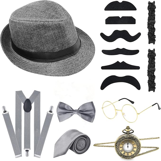 ELECLAND 10 Pieces 1920s Men Costume Accessories Set Roaring Retro Gangster Costume, Hat, Bow Tie, Pocket Watch, Suspender