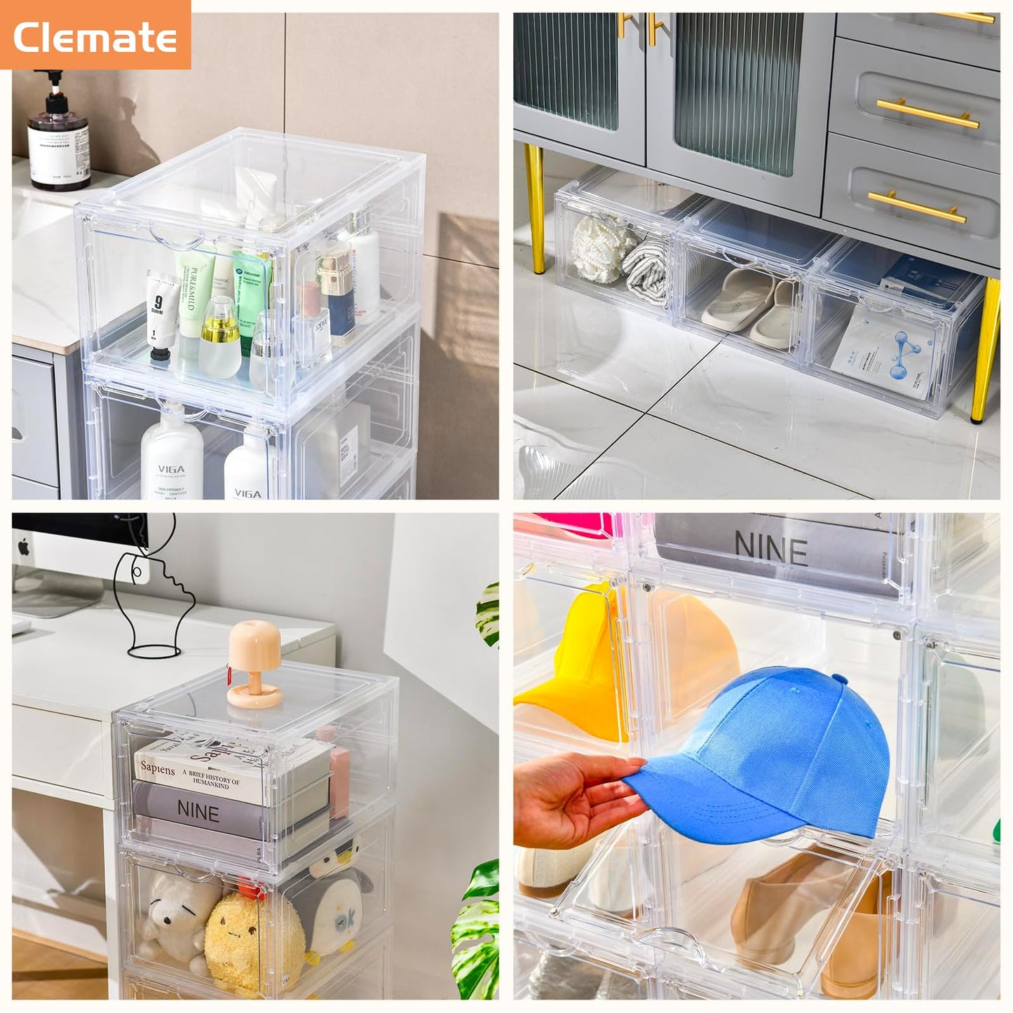 Clemate Upgraded X-Large Shoe Organizer,Shoe Storage Organizer,12 Pack,Shoe Box Clear Plastic Stackable,Drop Front Shoe Box with Clear Door, Shoe Containers For Sneaker Display,Fit up to US Size13