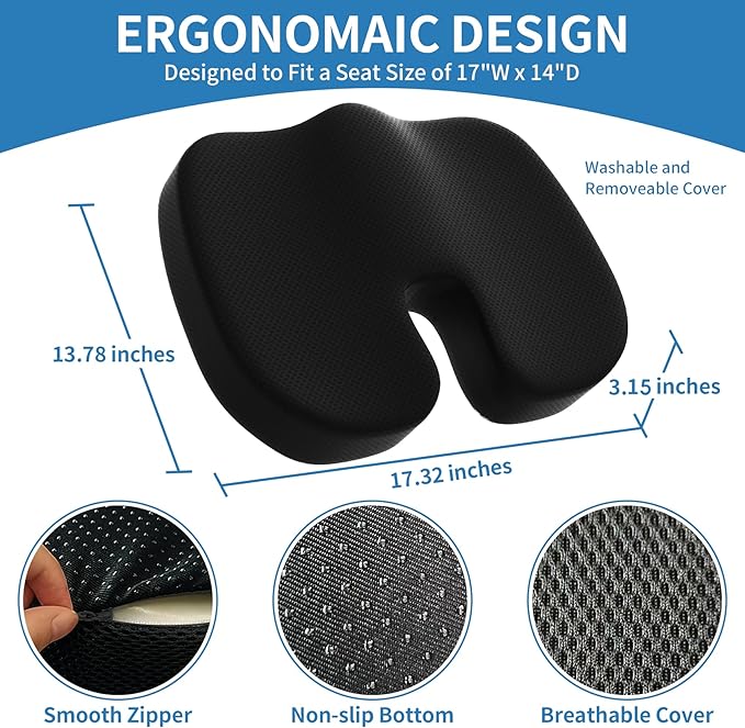 assountgh Seat Cushion &Office Chair Cushion,Lumbar Support Pillow for Office Chair,Ergonomic Memory Foam Non-Slip Office Chair Cushion,Back Support Cushions for Tailbone&Sciatica Pain Relief Black