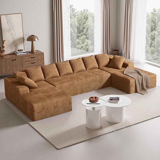 131'' U Shaped Sectional Cloud Couches with Chaise Lounge, No Assembly Required Deep Seat Modular Boneless Sofa for Living Room 3PCS, Bedroom(Camel)