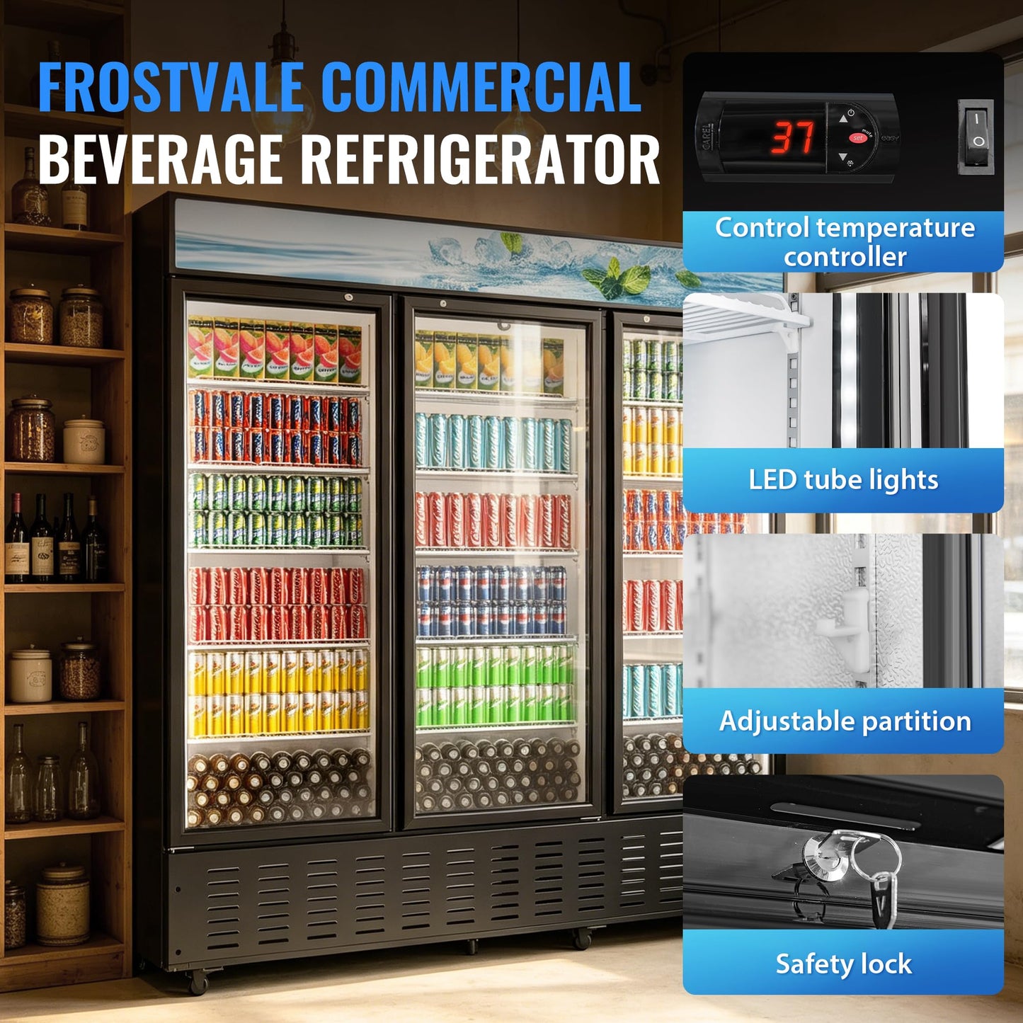 Frostvale 62 Cu.Ft Commercial Display Refrigerator, Black 3 Glass Door Beverage Cooler with Lighted Header, Large ETL Upright Merchandiser Fridge for Drinks, Soda, Beer, Restaurant, Store