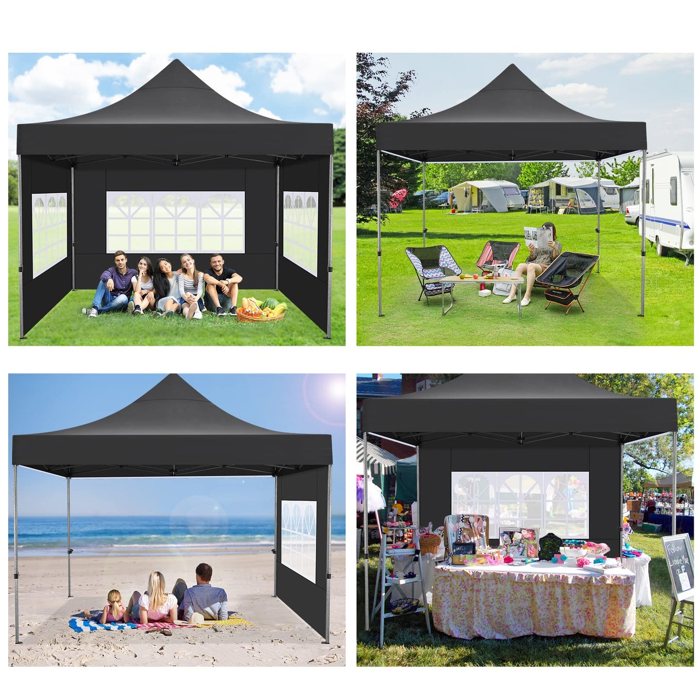 COBIZI 10x10 Pop Up Canopy with 4 Sidewall,Heavy Duty Canopy UPF 50+ All Season Wind Waterproof Commercial Outdoor Wedding Party Tents for Parties Canopy Gazebo with Roller Bag (10 x 10 ft Black)