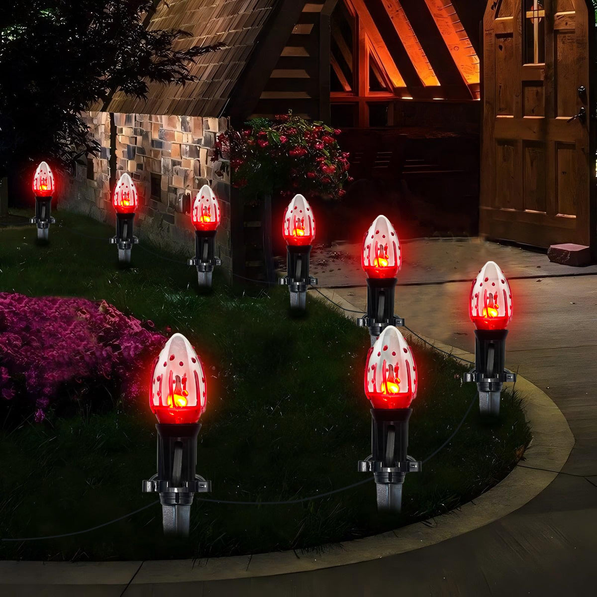 C9 Halloween Pathway Lights Outdoor, 38Ft Halloween Blood Teardrop Pathway String Lights with 25 C9 Flicker Flame Lights, Halloween Decoration Walkway Lights for Outdoor Pathways Gardens and Yards