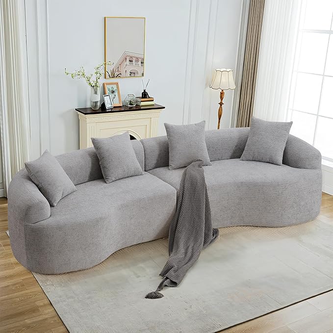 110" Oversized Modern Curved Cloud Sectional Sofa, Luxury Plush Chenille 4-Seater Deep Wide Seat Couch with 4 Pillows, No Assembly Needed Apartment Living Room Furniture, Beige