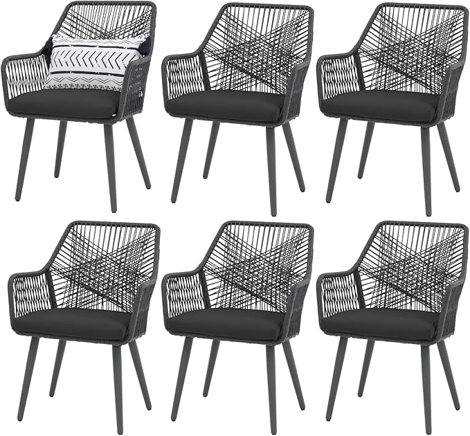 Patiorama Patio Dining Chair Set of 6,Woven Rope Outdoor Dining Chairs w/Steel Frame,All-Weather Twisted Rattan Chairs w/Armrest & Cushion,Outdoor Dining Wicker Chairs for Backyard Garden(Dark Grey)
