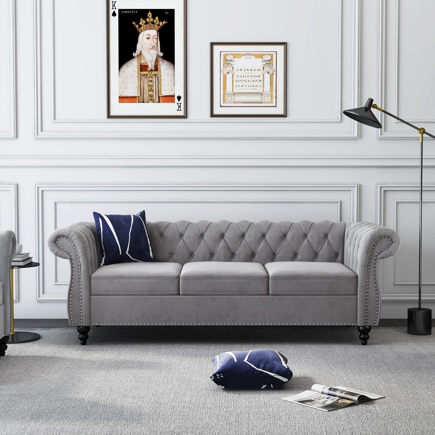 Chesterfield Sofa Velvet, Modern Tufted Couch 3 Seater with Rolled Arms and Nailhead for Living Room, Bedroom, Office, Apartment (Grey)