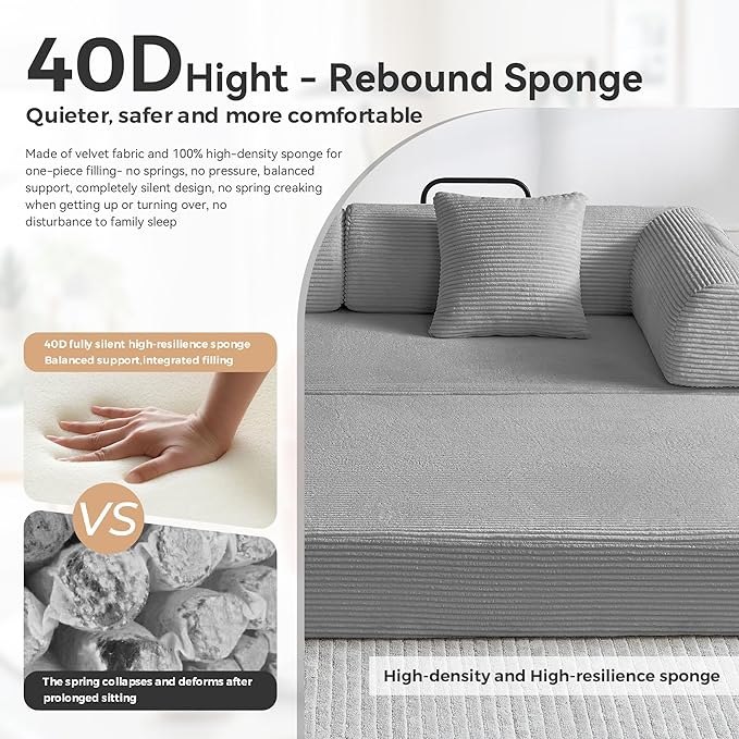 ZQRhome 79" 5-in-1 Convertible Sofa Bed, Deluxe Sleeper with Pillows & Sturdy Base, Easy Setup Corduroy Couch for Modern Living Space & Small Apartment, Light Gray