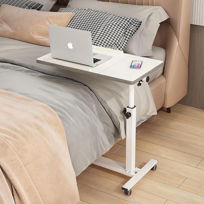 TigerDad Over Bed Table with Wheels Adjustable | Rolling Laptop Table Overbed Desk Hospital Tray Table Sofa Chair Side Table for Home Office (White)