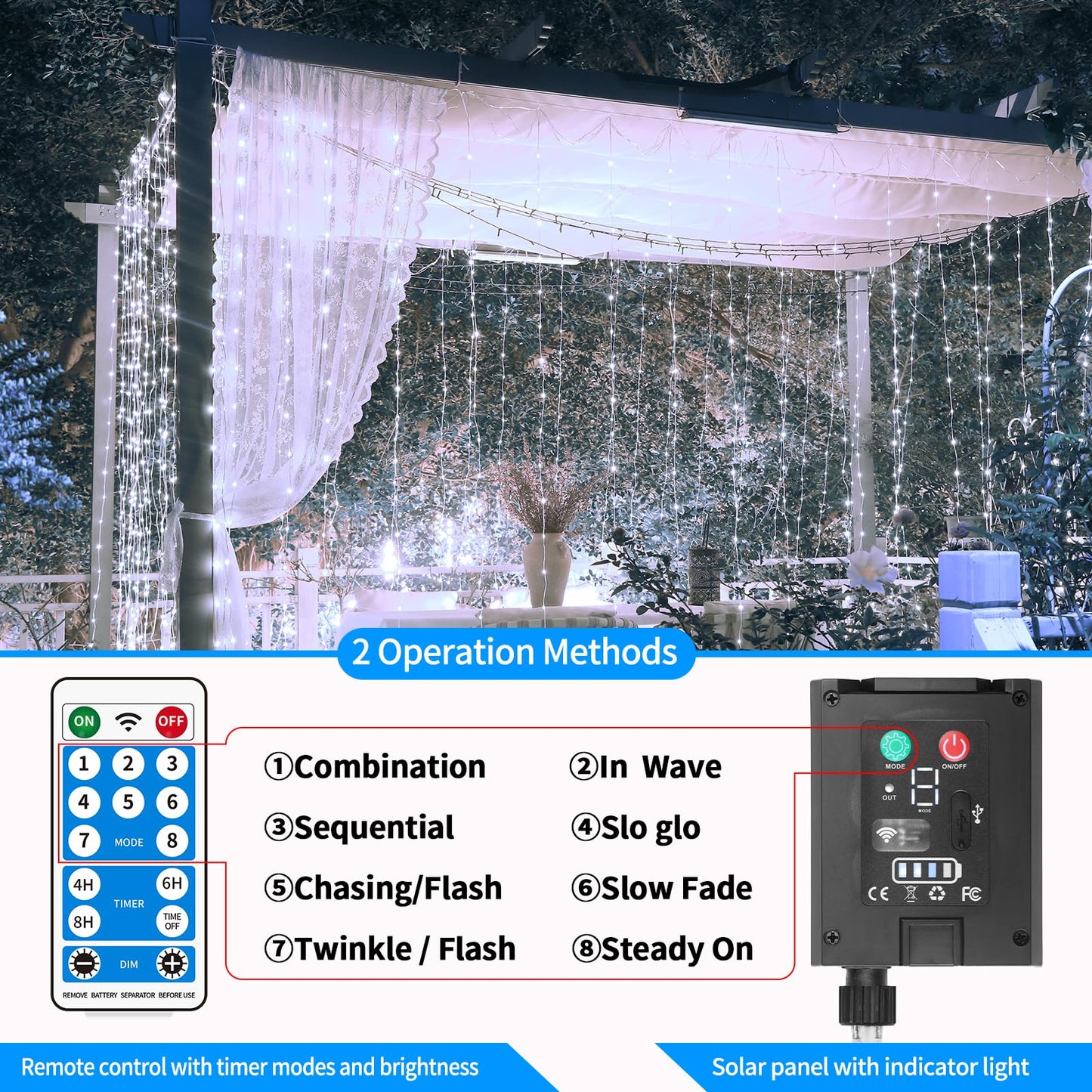 Solar Curtain Lights 10*10Ft 300LED Waterproof Waterfall Light with 8 Modes Remote Type C Charging Dimmable Timer Twinkle Fairy String Lights for Outdoor Christmas Gazebo Wedding Party Pergola Patio
