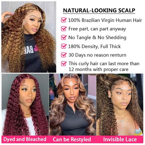 Peenoll Curly Human Hair Wig Omber T 27 Lace Frontal Closure Jerry Curly Human Hair Wig Pre Plucked Pre Cut Lace Frontal Closure Glueless Wigs Elastic Band 200% Density