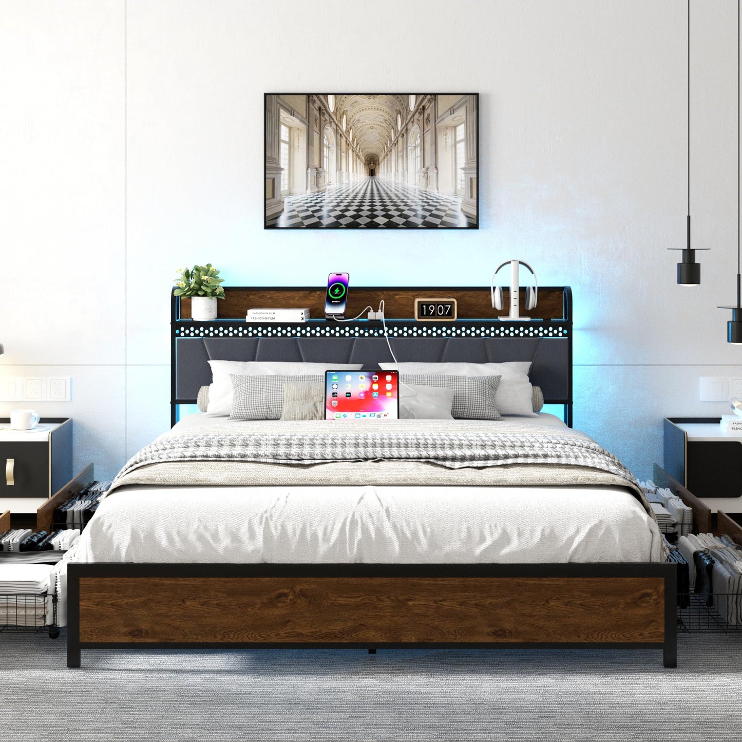 viplov Full Size Bed Frame with Storage Headboard, Metal Platform Bed & 4 Drawers, Built-in Charging Station & LED, Noise-Free, Metal Support, No Box Spring Needed