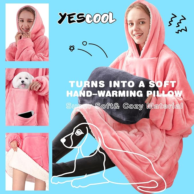 yescool Wearable Blanket Hoodie, Flannel Sherpa Fleece Blanket Sweatshirt for Adults Women Men,One Size Fits All