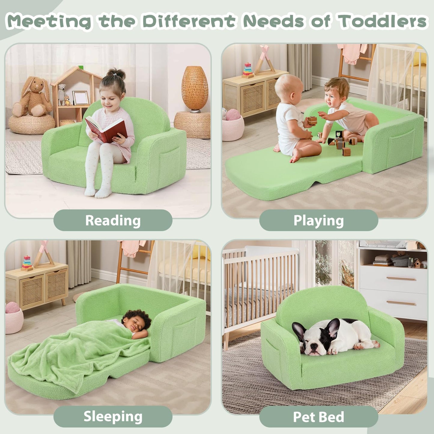Extra Wide Kids Couch, 2-in-1 Soft Toddler Couch with Blanket, Comfy Toddler Chair, Convertible Sofa to Lounger, Gifts for Kids Girl Boys, Green