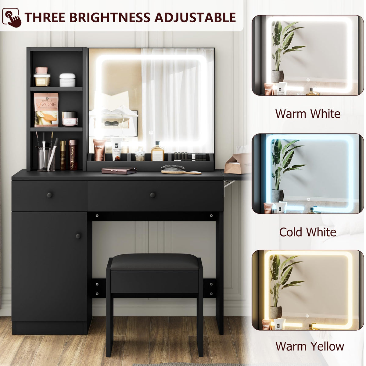GarveeHome Makeup Vanity Desk with Mirror and Lights, Vanity Table Set with Drawer & Power Outlet ＆ Chair & 3 Shelves, Bedroom, Black