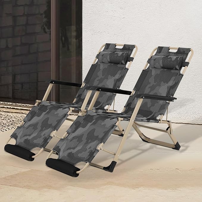Athena Collection Zero Gravity Outdoor Lounge Chair Set of 2, 26" Width Reclining Pool Lounge Lawn Chairs Recliner with Headrest Foot Pad, Outdoor Chaise for Beach Patio Backyard Outside, Camouflage