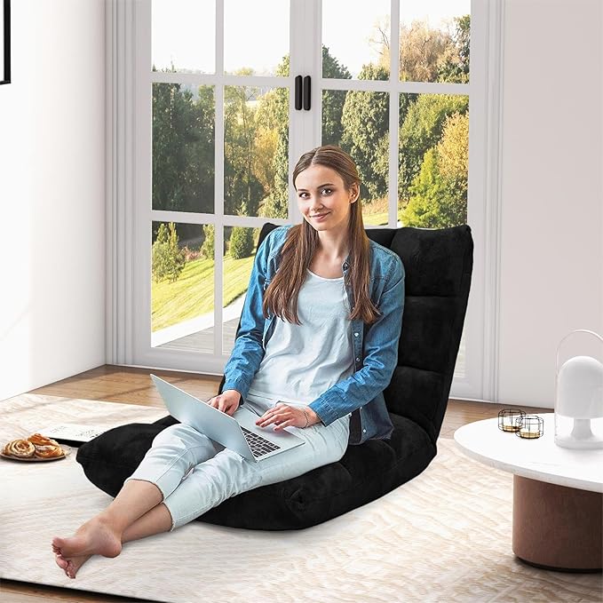 Folding Floor Chair w/Back Support, 14-Position Adjustable Lazy Sofa Chair w/Coral Velvet Fabric & Alloy Steel Frame, Portable Meditation Chair for Reading, Gaming,Sleeping (Black)