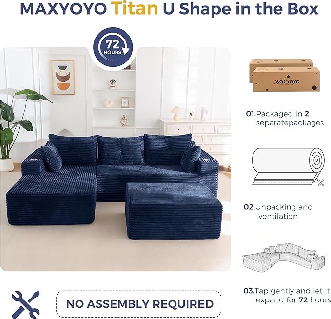 MAXYOYO 104" U-Shaped Modular Sectional Couch, Modern Boneless Couch for Living Room, Sofa in A Box, Oversized Sofa Sleeper with Deep Seat, No Assembly Required, Navy